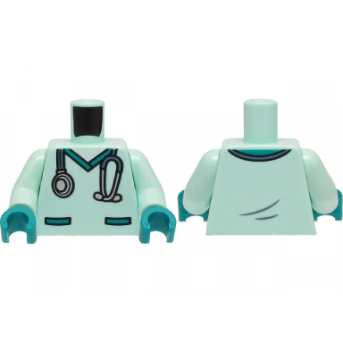 light aqua torso hospital scrubs with dark turquoise pockets and collar and sand blue and silver stethoscope pattern light aqua arms dark turquoise hands