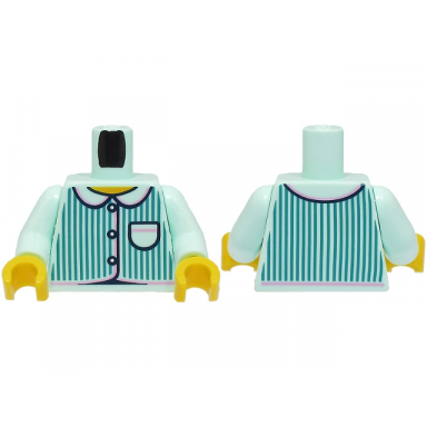 light aqua torso pajamas 3 buttons dark turquoise vertical stripes pocket bright pink trim yellow neck pattern bam light aqua arms yellow hands