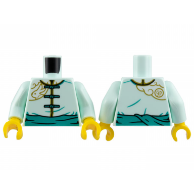 light aqua torso tang jacket dark turquoise laces and sash gold trim rabbit and cloud pattern light aqua arms yellow hands