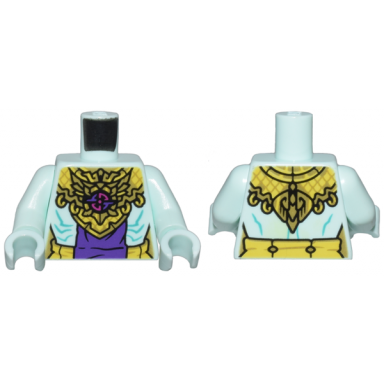 light aqua torso armor with yellow and gold links emblem dark purple panel bare skin with dark turquoise lines pattern light aqua arms light aqua hands