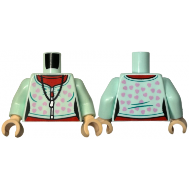 light aqua torso female cardigan sweater closed with bright pink hearts and silver zipper over red shirt black pendant necklace pattern light aqua arms light nougat hands