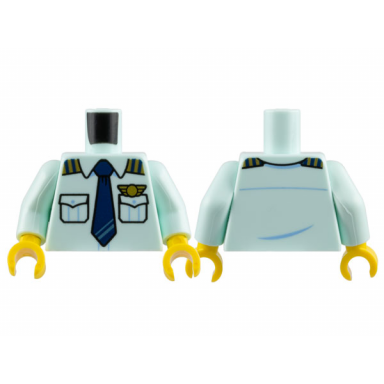 light aqua torso pilot uniform shirt with pockets and epaulettes dark blue tie gold wings badge pattern light aqua arms yellow hands