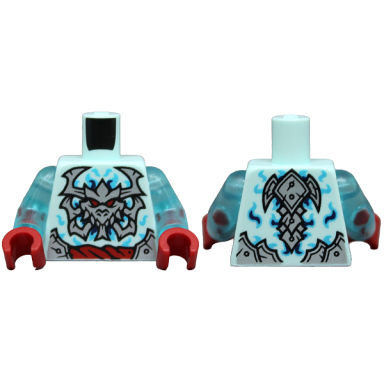 light aqua torso silver armor plates dragon skull with horns and red eyes rope belt medium azure and dark blue swirls pattern trans-light blue arms red hands