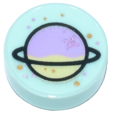 light aqua tile round 1 x 1 with lavender and yellowish green planet with ring and gold and metallic pink spots pattern