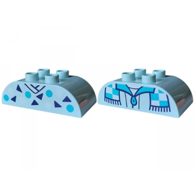 light aqua duplo brick 2 x 4 slope curved double with white v-neck collar and squares medium azure circles and dark blue triangles jacket with zipper and blocked scarf pattern