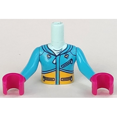 light aqua torso mini doll girl dark azure ski hoodie with zippers and yellow panel pattern dark azure arms with magenta hands