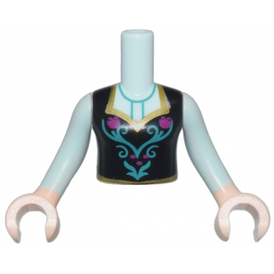 light aqua torso mini doll girl black top with flower pattern light nougat arms with hands with light aqua sleeves