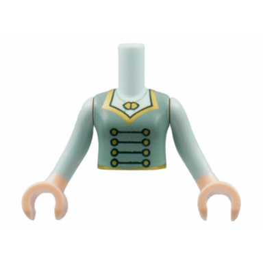 light aqua torso mini doll girl sand green vest gold necklace and buttons black laces pattern light nougat arms with hands with light aqua long sleeves