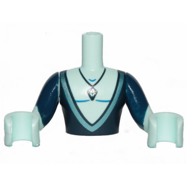 torso mini doll man dark blue top deeply cut and crystal necklace pattern light aqua arms with hands with dark blue sleeves