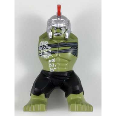 body giant hulk with silver helmet with red plume white alien tattoos black pants pattern