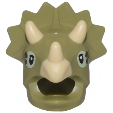 minifigure headgear head cover costume dinosaur triceratops with molded tan horns printed black and yellowish green eyes with dark brown spots pattern