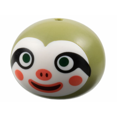 minifigure head modified sloth with molded white face and printed dark green eyes black eye markings coral cheeks nose and lips pattern
