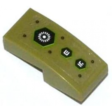 olive green slope curved 2 x 1 x 2 3 with hexagonal buttons with alien characters pattern sticker - set 70708