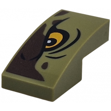 olive green slope curved 2 x 1 x 2 3 with dark brown markings bright light orange eye with black outline and wrinkles pattern model left side