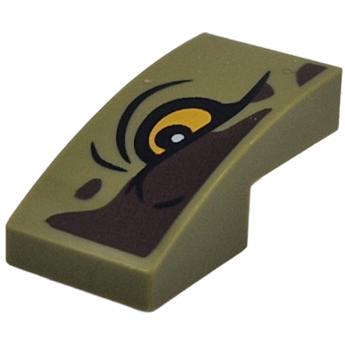 olive green slope curved 2 x 1 x 2 3 with dark brown markings bright light orange eye with black outline and wrinkles pattern model right side