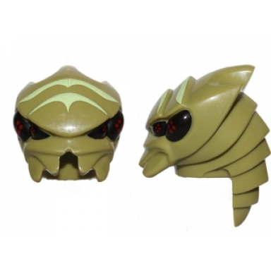 olive green minifigure head modified galaxy squad alien buggoid with yellowish green stripes and black eyes with red dots pattern