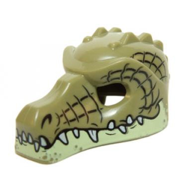 olive green minifigure headgear mask crocodile with teeth yellowish green lower jaw and black scale lines pattern