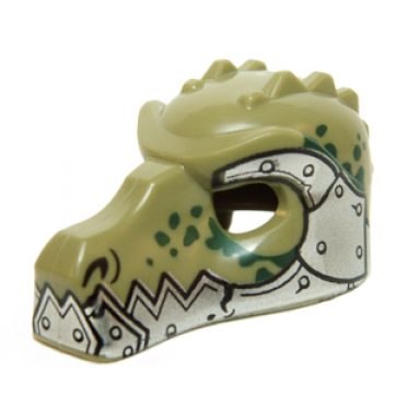 olive green minifigure headgear mask crocodile with metallic silver lower jaw and armor with rivets and dark green spots pattern