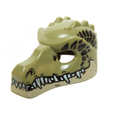 olive green minifigure headgear mask crocodile with teeth tan lower jaw and dark green scales pattern
