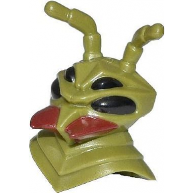 olive green minifigure head modified galaxy squad alien mantizoid 4 eyes antennae and dark red mandibles pattern