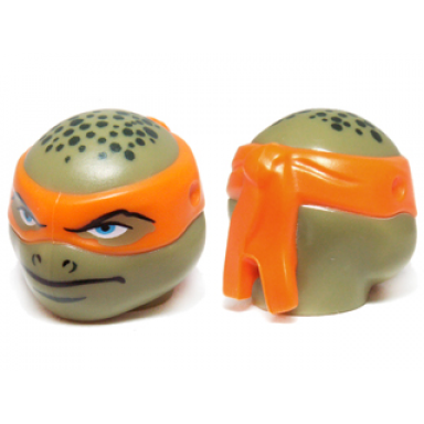 olive green minifigure head modified ninja turtle type 2 with orange mask and dark green spots pattern michelangelo