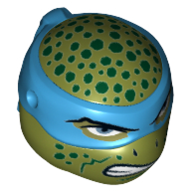 olive green minifigure head modified ninja turtle type 2 with dark azure mask dark green spots and teeth pattern leonardo