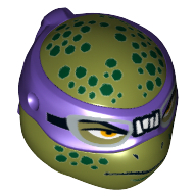 olive green minifigure head modified ninja turtle type 2 with dark purple mask and dark green spots pattern donatello