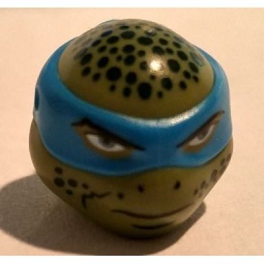 olive green minifigure head modified ninja turtle type 2 with dark azure mask dark green spots and closed mouth pattern leonardo