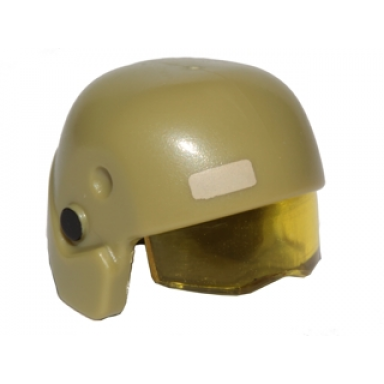 olive green minifigure headgear helmet sw resistance trooper with molded trans-yellow visor and printed tan rectangle and black circles pattern