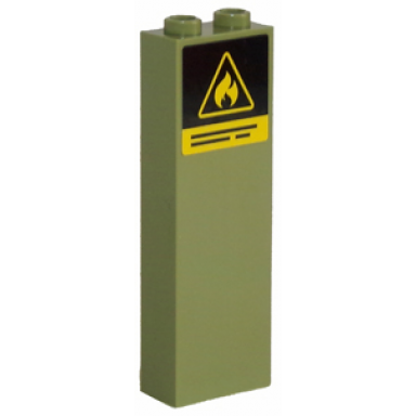 olive green brick 1 x 2 x 5 with yellow flammable danger triangle and black lines pattern sticker - set 60108