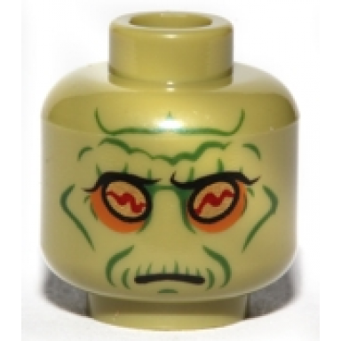 olive green minifigure head alien sw neimoidian with gold eyes dark orange eye shadow dark green cheek lines jowl lines chin dimple and wrinkles pronounced brow neutral pattern