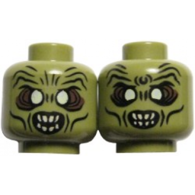 olive green minifigure head dual sided alien orc with bright light yellow eyes dark brown eye shadow black slit nostrils cheek lines and wrinkles open mouth with tan sharp teeth wide eyes narrow eyes pattern