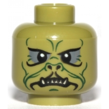 olive green minifigure head alien sw klatooinian with dark green facial lines chin dimple and wrinkles dark bluish gray eye shadow black nostrils neutral with sharp lower teeth pattern