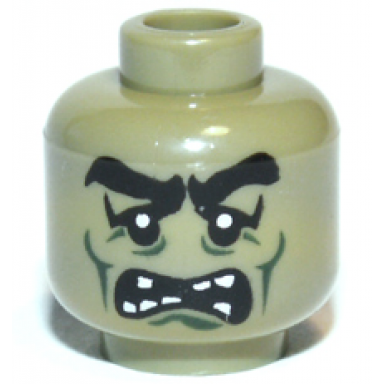 olive green minifigure head alien monster with black thick eyebrows large upper eyelids dark green cheek lines chin dimple and wrinkles open mouth with scattered teeth parted pattern