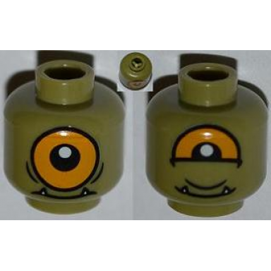 olive green minifigure head dual sided alien with lower fangs single orange eye open eye half closed pattern