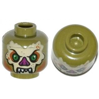 olive green minifigure head alien bat with tan face white fangs green eyes and magenta nose pattern