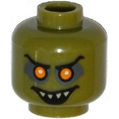 olive green minifigure head alien goblin with orange eyes black eyebrows dark bluish gray eye shadow and open mouth smile with pointed teeth pattern