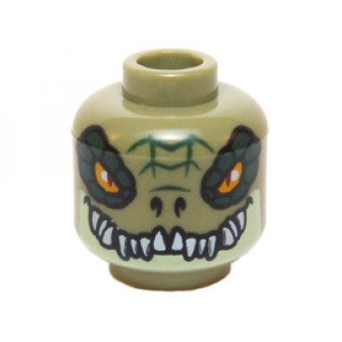 olive green minifigure head alien chima crocodile with dark green rimmed eyes teeth and yellowish green lower jaw pattern