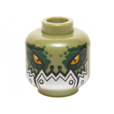 olive green minifigure head alien chima crocodile with dark green rimmed eyes and metallic silver plates with rivets lower jaw pattern