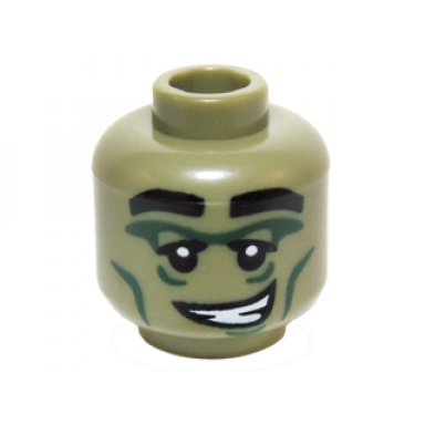 olive green minifigure head alien with black eyebrows dark green eye and cheek lines crooked smile with teeth pattern