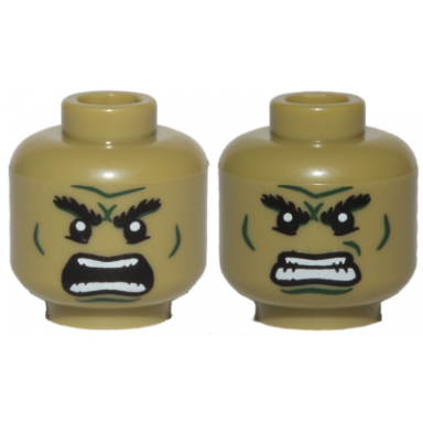 olive green minifigure head dual sided alien with black bushy eyebrows lower eyelids dark green cheek lines chin crease and wrinkles furrowed brow angry open mouth with teeth parted bared teeth pattern