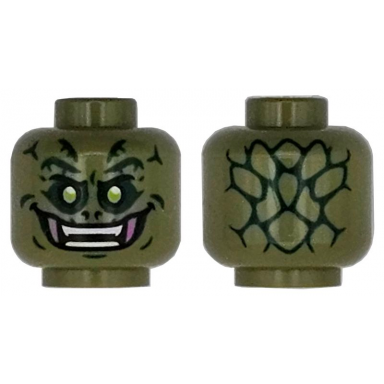 olive green minifigure head alien with lizard dark green scales lime eyes dark pink fangs black eyebrows and mouth open smile with white bared teeth