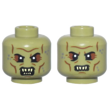 olive green minifigure head dual sided alien orc reddish brown wrinkles dark bluish gray spots pointed top and bottom teeth top teeth pattern