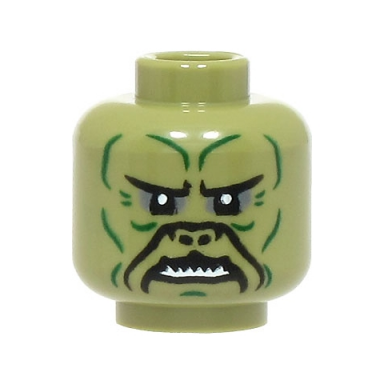olive green minifigure head alien with sw klatooinian dark green facial lines black nose contours dark bluish gray eye shadow sharp teeth pattern