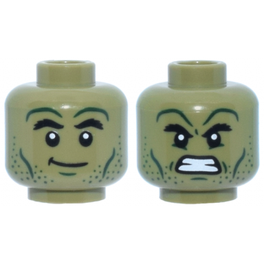 olive green minifigure head dual sided black bushy eyebrows dark green chin dimple cheek lines stubble and wrinkles lopsided grin angry bared teeth pattern