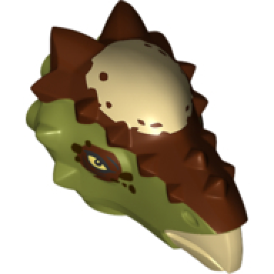 olive green dinosaur head stygimoloch with reddish brown top with tan spot pattern