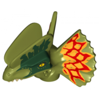 olive green dinosaur head dilophosaurus with dark green and dark red and yellow on frill pattern
