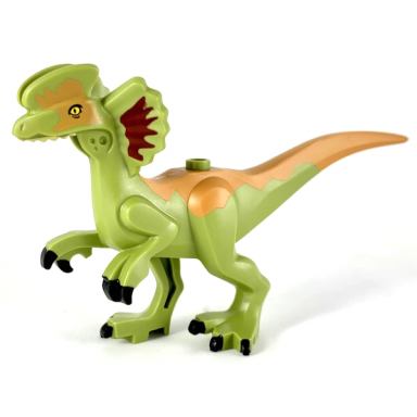 olive green dinosaur body dilophosaurus with rubbery tail dark red and medium nougat markings pattern