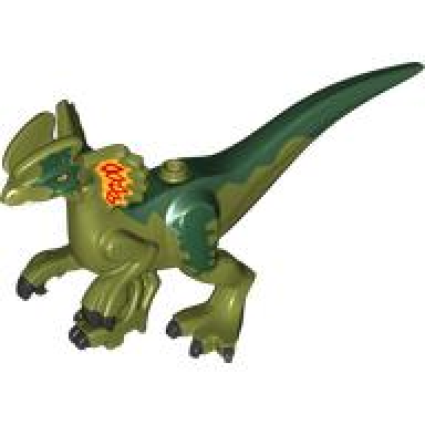 olive green dinosaur body dilophosaurus with rubbery tail bright light orange red and dark green markings pattern