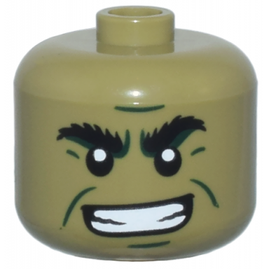 olive green minifigure head modified giant black bushy eyebrows dark green cheek lines chin dimple and furrowed brow open mouth smile with teeth pattern - vented stud
